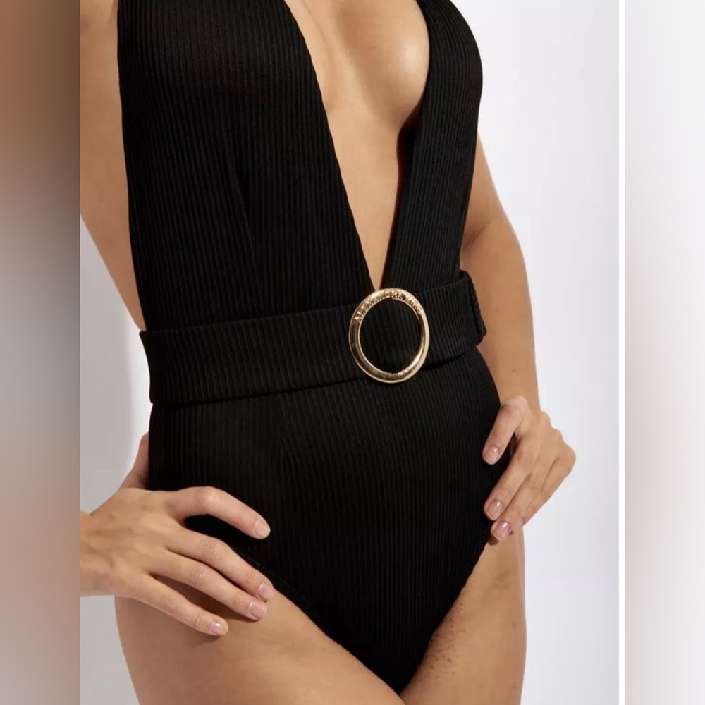 BNWT Alexandra Miro Eva Black Swimsuit Sz XS With Wood Effect Belt Buckle.
